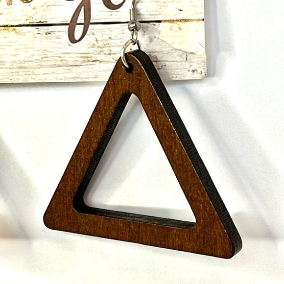 Brown Triangle Wooden Earrings - Picture 2 of 5